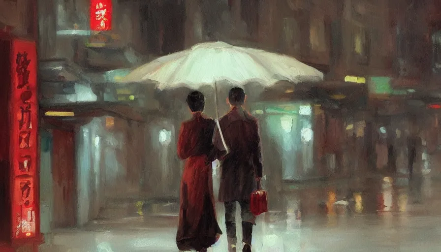 Image similar to in the mood for love, cinematic shot, oil painting by jama jurabaev, extremely detailed, brush hard, artstation, for aaa game, high quality, brush stroke