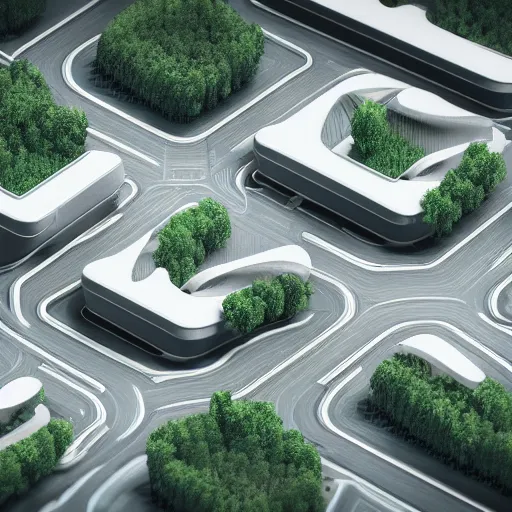 Image similar to futuristic city of Rome (as designed by Apple), Grey and White roads with green trees, octane render, 4K