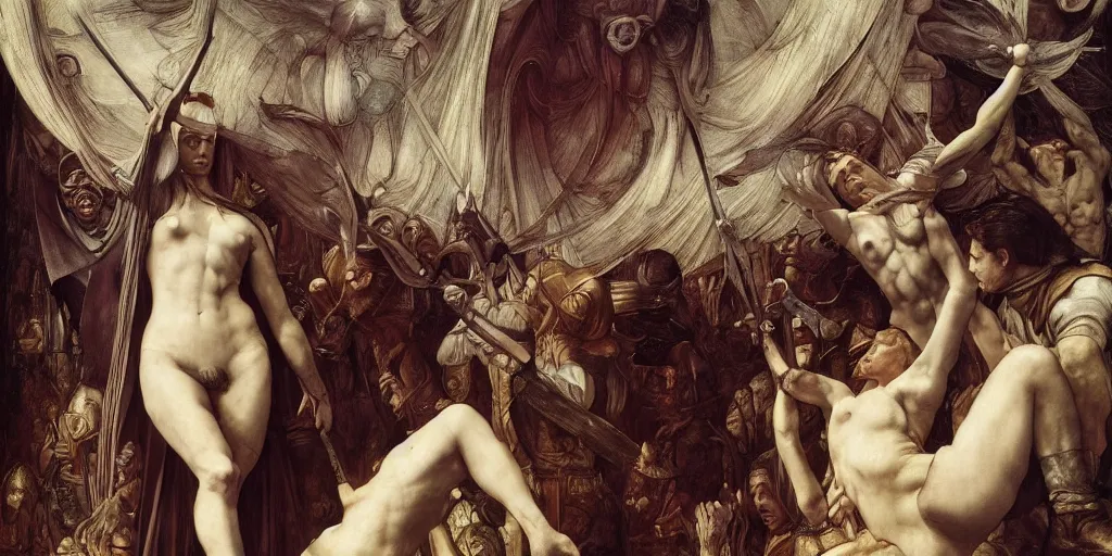 Image similar to justice silver penance, by Edgar Maxence and Ross Tran and Michael Whelan and Da Vinci and Caravaggio and J.M.W Turner and Bruegel intricate line drawings, cinematic, establishing shot, 4k resolution,