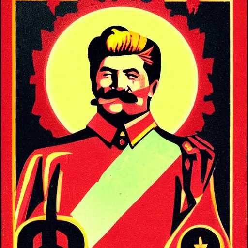 Prompt: stalin on an icon with a halo of blood, scary icon in hellish style, scary color art in 4 k