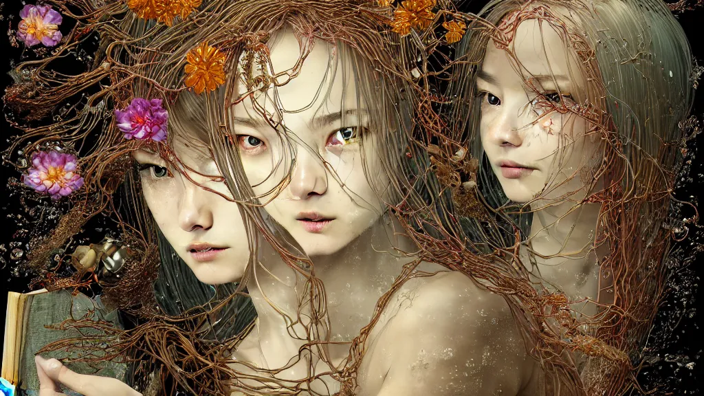 Prompt: prompt: Fragile looking vessel portrait face drawn by Katsuhiro Otomo, beautiful girl in lake with shining face octane 3d render super detailed, nymph in the water performing alchemy, small flowers and cables and wire around and on the side with artifacts and ancient book, intricate oil painting, high detail, Neo-expressionism, gnarly details