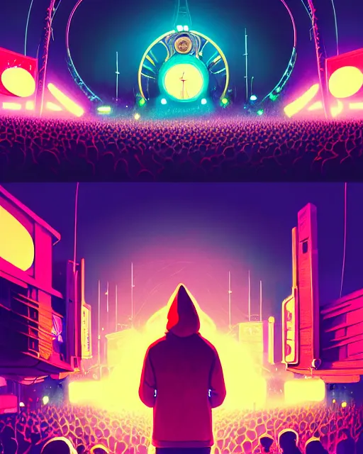 Image similar to tomorrowland, hyper - realistic portrait of a man in a hoodie, in the center of a stage of a music festival, intricate, 4 k, by atey ghailan, by greg rutkowski, by greg tocchini, by james gilleard, by joe fenton, by kaethe butcher, dynamic lighting, lighting color scheme, sharp focus, grunge aesthetic