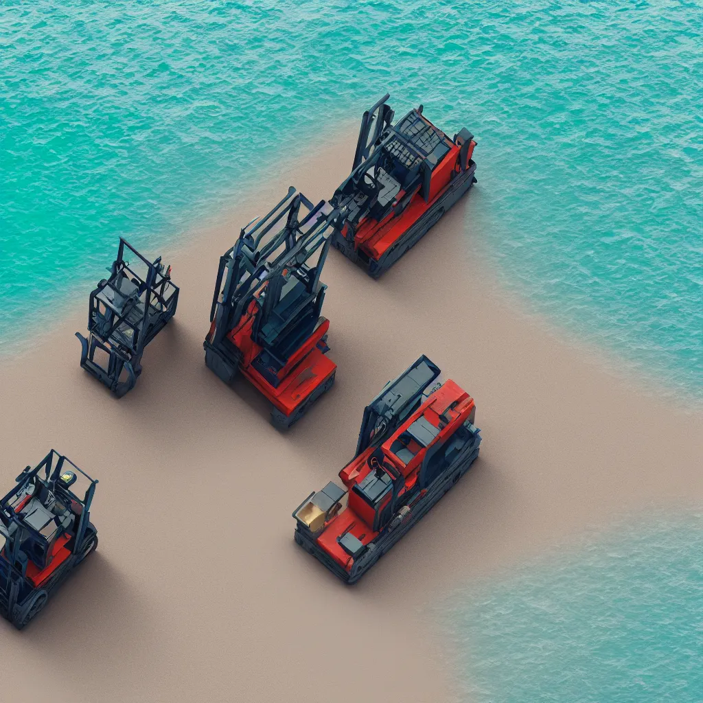 Prompt: forklift on the beach looking at sea, cinema style, high quality, depth of field, 4 k, photo lense, ultra realistic, photo, isometric view