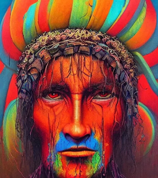 Image similar to Portrait painting in a style of Beksinski mixed with Alex Grey of an old shaman dressed in a colorful traditional clothes. psychodelic