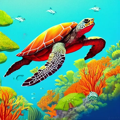 Image similar to a beautiful stunning fantasy whimsical matte digital illustration of a light-green sea turtle swimming over an red-orange coral reef through blue-violet waters, triadic color palette, painted in the style of National Geographic, trending on artstation hq