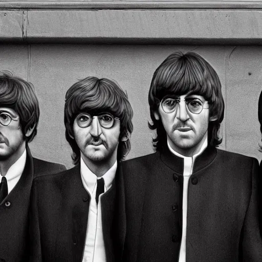 Image similar to The Beatles Album Cover, realistic, hyperrealistic, highly detailed, very detailed, ultra detailed, HD quality, 4k resolution, 8k resolution, trending on Artstation