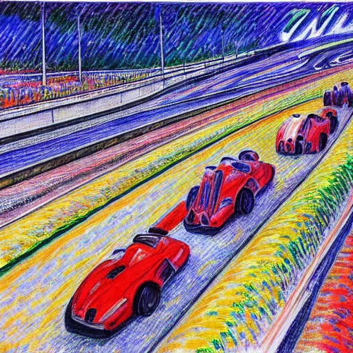 Prompt: A beautiful drawing. We are racers on an endless highway, driving at each other at high speeds, deciding whether or not to turn away at the last minute. by Armand Guillaumin ultradetailed, placid