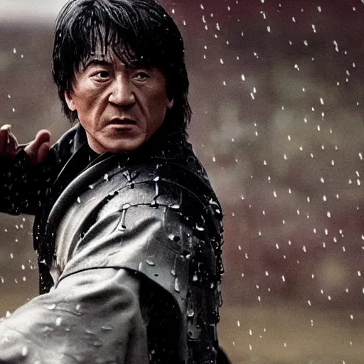 Image similar to Jackie Chan as samurai , under rain, dramatic, sad ambience, an film still