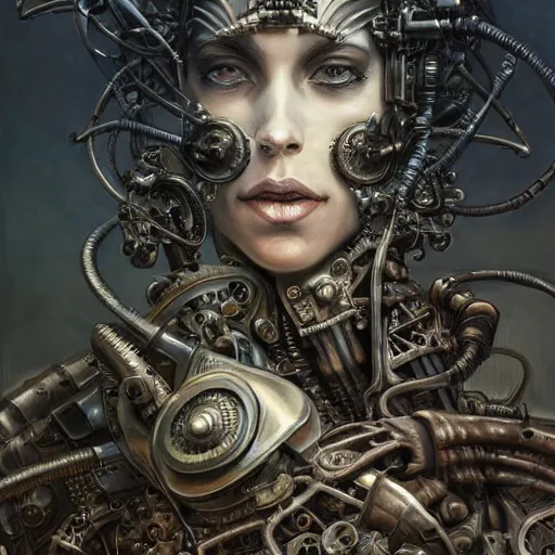 Image similar to low angle shot of a steampunk cyborg by clive barker, intricate, elegant, highly detailed, centered, digital painting, artstation, concept art, smooth, sharp focus, illustration, artgerm, Tomasz Alen Kopera, Peter Mohrbacher donato giancola, Joseph Christian Leyendecker, WLOP, Boris Vallejo.