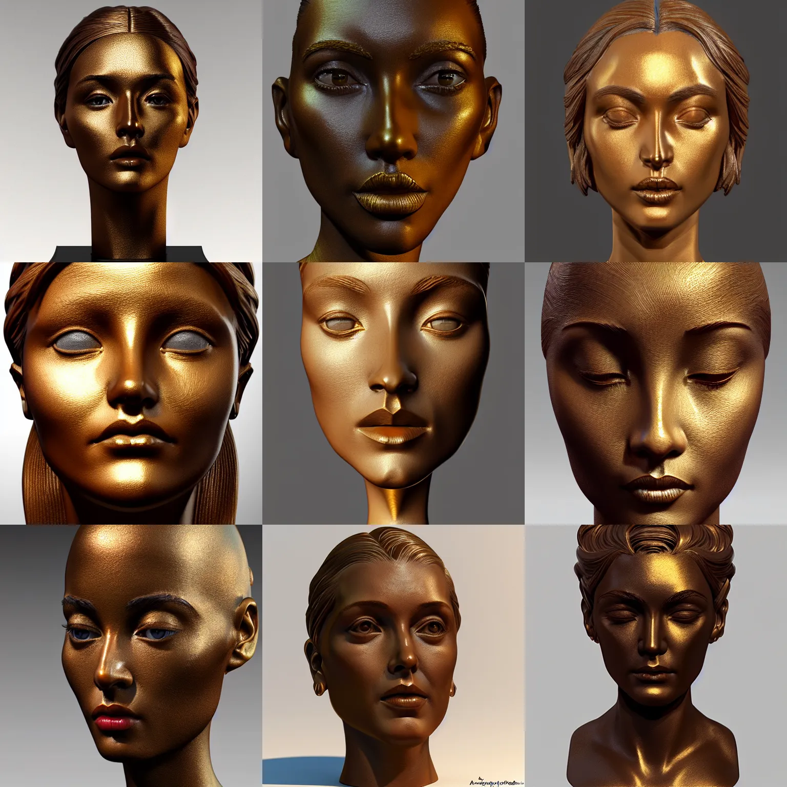 Prompt: brown bronze sculpture of female head, golden eyes, detailed and intricate, hyperrealistic, 8 k, blender, artstation, art deco