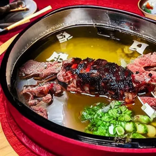 Image similar to high - end hot pot restaurant serving chinese dragon meat