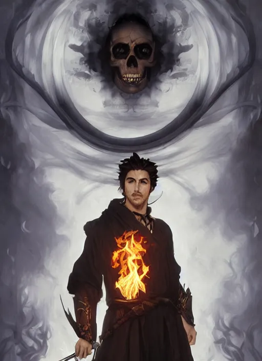 Image similar to character concept portrait of an attractive young angry Spanish wizard with pale black skin and a parital skull mask enchanting a flaming seduction spell, a floating burning spell book in the center, intricate, elegant, digital painting, concept art, smooth, sharp focus, illustration, from Metal Gear, by Ruan Jia and Mandy Jurgens and William-Adolphe Bouguereau, Artgerm