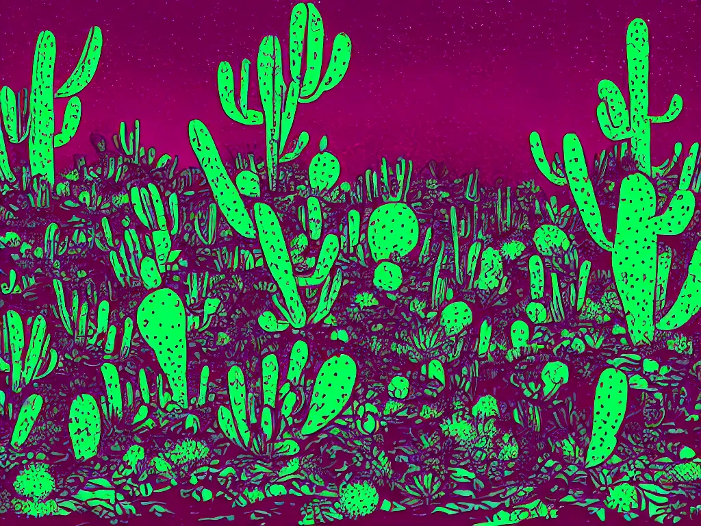 Image similar to vector illustration!!!! duotone!! desert rave inside of cactus cave!!!!!! cinematic composition!! poster design!