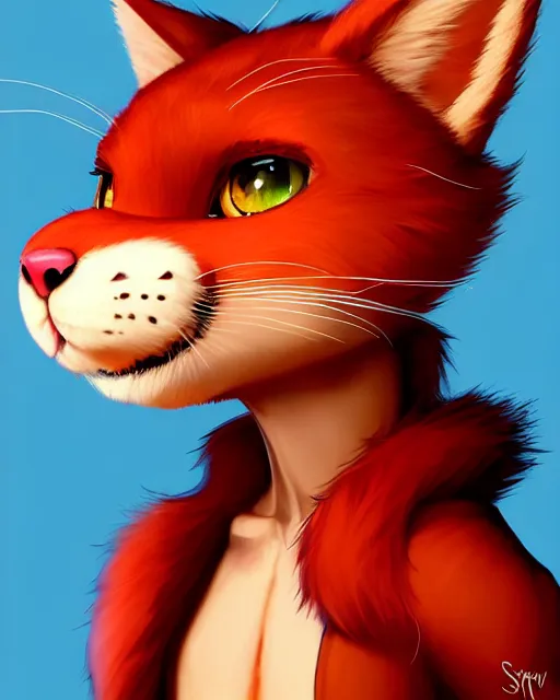 Prompt: character concept art of a cute young male anthropomorphic furry red cat | | cute - fine - face, pretty face, key visual, realistic shaded perfect face, fine details by stanley artgerm lau, wlop, rossdraws, james jean, andrei riabovitchev, marc simonetti, and sakimichan, trending on artstation