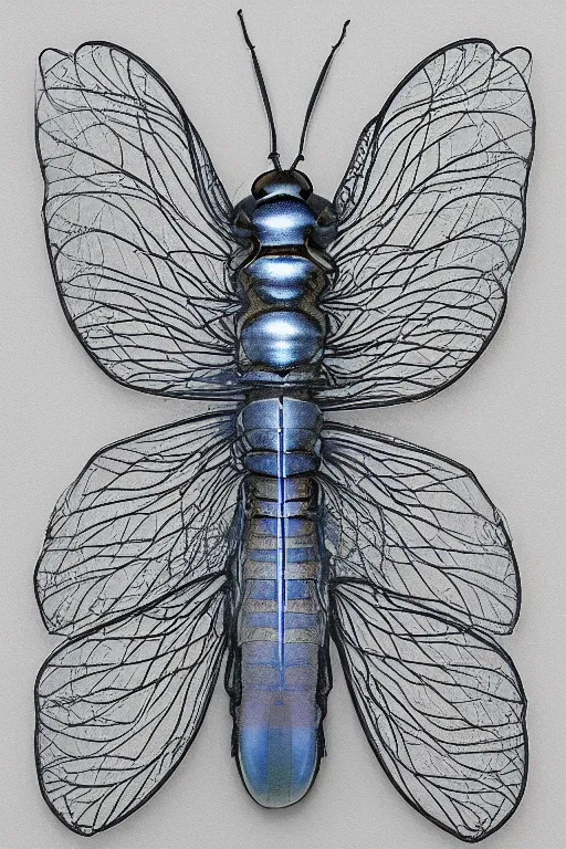 Prompt: transparent rare insect with reaction diffusion patterns. with wings, top down view. high detail. by Moebius