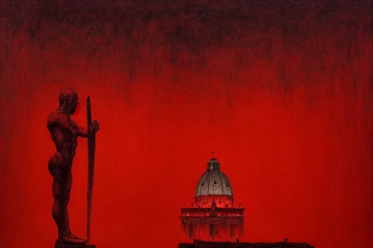 Image similar to only with red, caesar after war, the deal, a red tiger, in hoc signo vinces, rome in background, an ancient path, in the style of beksinski, part by hopper, part by rodcenko, part by hofbauer, intricate composition, red by caravaggio, insanely quality, highly detailed, masterpiece, red light, artstation