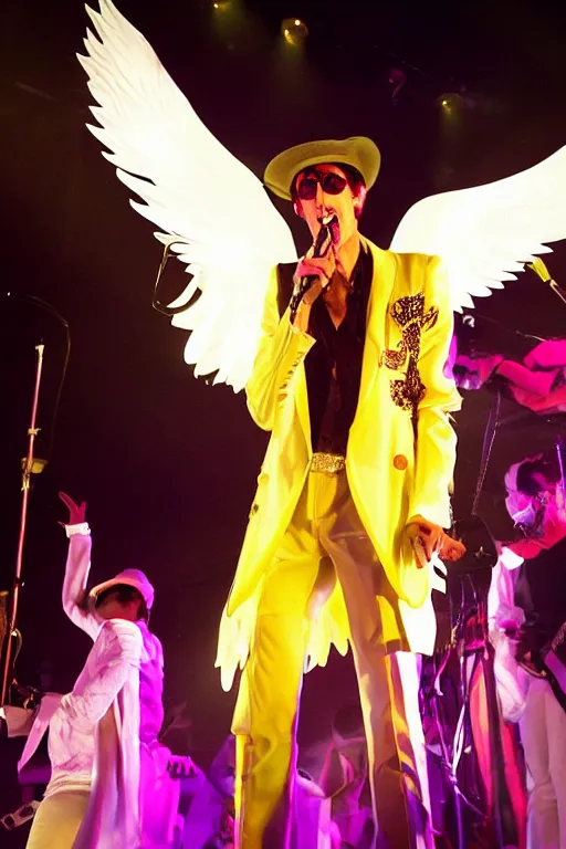 Prompt: perry farrell singing live on stag with jane's addiction, wearing a yellow fedora hat, white flared trousers and long tailcoat with large collars, 7 0's pimp style, huge angel wings behind him, photographic quality, live concert photo, photorealistic, stage lighting, lasers, neon glow, dry ice, dave navarro on guitar