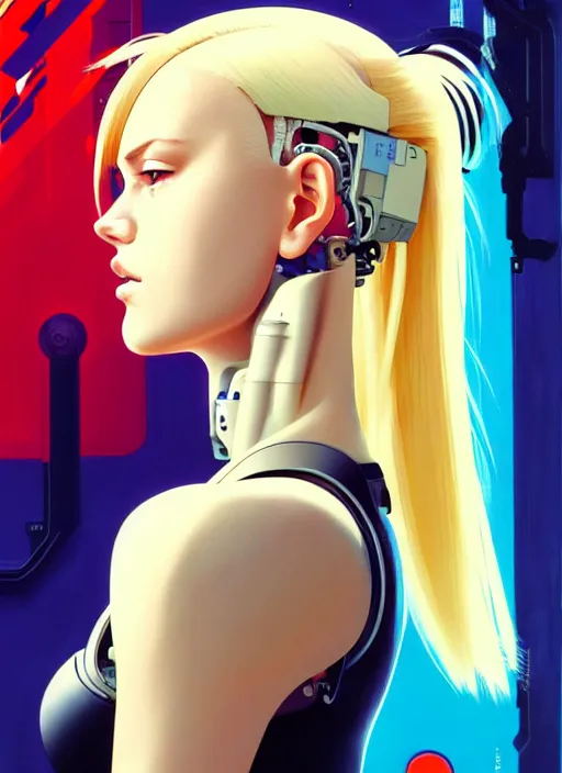 Image similar to side portrait of blonde cyborg girl with robotic parts | | head only in center of image, audrey plaza, fine detail!! anime!! realistic shaded lighting!! poster by ilya kuvshinov katsuhiro otomo ghost - in - the - shell, magali villeneuve, artgerm, jeremy lipkin and michael garmash and rob rey