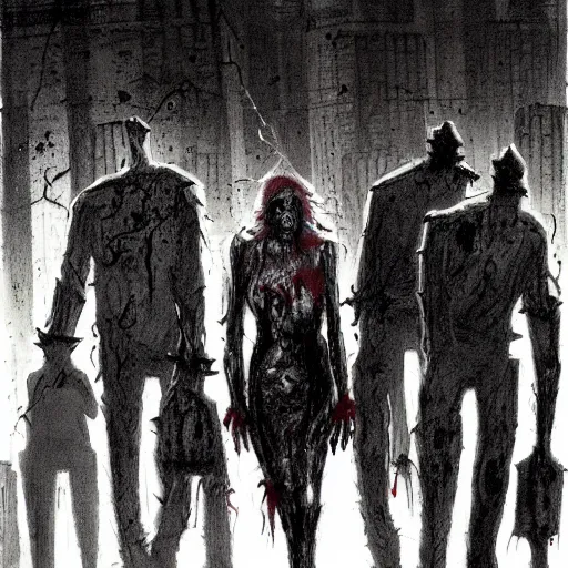 Image similar to zombie horde in new york city, soft gentle fog, drawn by ben templesmith, scary