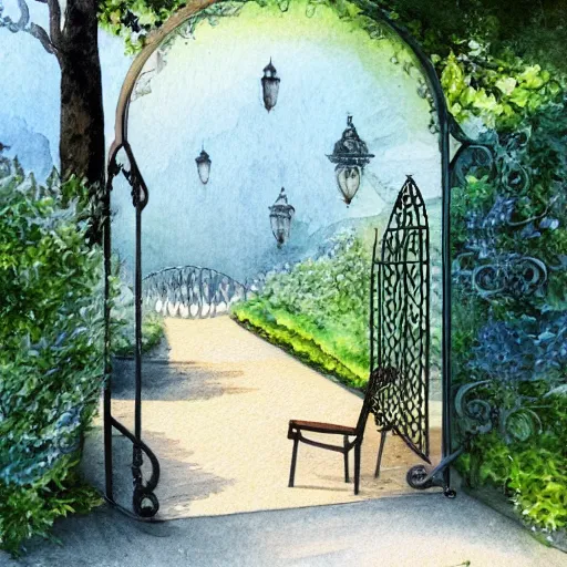 Prompt: delicate, chairs, garden, paved, botanic watercolors, iridescent, 8 k, realistic shaded, fine details, artstation, italian, iron gate, tree, mediterranean, alien world