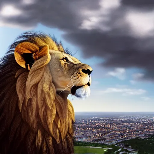 Prompt: a giant lion head looking at a city from above,low-angle shot,photorealiatic,hyperdetailed,hyperrealistic,studio lighting,studio photography,professional photography,professional lighting,detailed face,3 point lighting,4k,digital art,ultra realistic,ultra detailed,art by greg rutkowski,dramatic