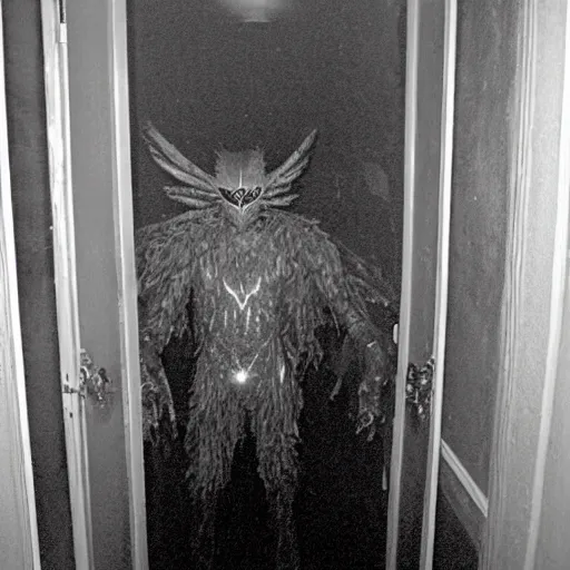 Image similar to grainy photo of a mothman as a creepy monster in a closet, harsh flash