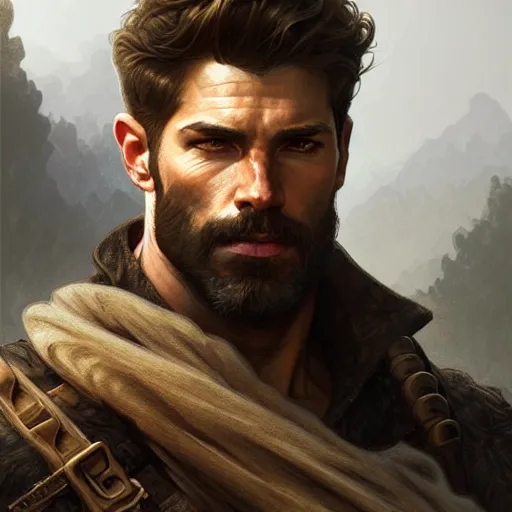 Image similar to Portrait of rugged male ranger, D&D, muscular, fantasy, intricate, elegant, highly detailed, digital painting, artstation, concept art, smooth, sharp focus, illustration, art by artgerm and greg rutkowski and alphonse mucha