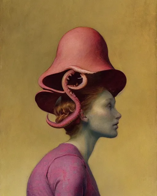Image similar to a beautiful girl wearing an octopus as a hat, painted by edgar maxence, edward hopper, wayne barlowe and james gilleard, airbrush, art by jamesjean