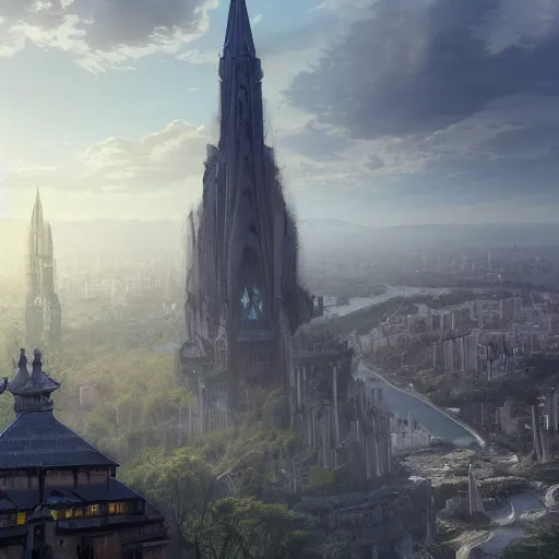 Image similar to an ultra detailed matte painting of the one impossibly tall ominous black spire in the palace district on an island in a river elevated high above the city fortress tower, fantasy capital city, ultrawide lense, aerial photography, volumetric lighting, exquisite detail, octane render, 8 k postprocessing, art by artgerm and greg rutkowski and alphonse mucha