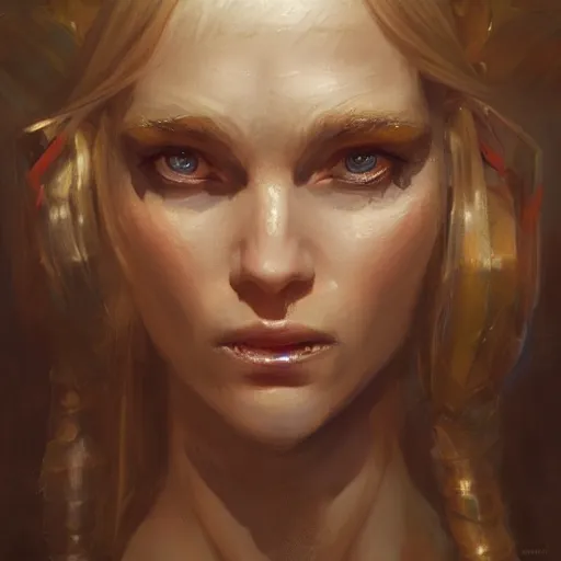 Prompt: A head-on detailed oil portrait of a distinguished elf woman with small cuflhcopper horns, long blonde hair and bright irises, by greg rutkowski, trending on artstation, dungeon and dragons art