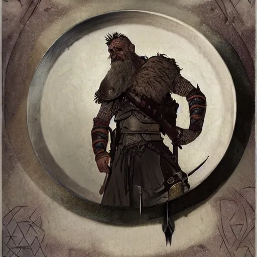 Prompt: rough-skinned, short-bearded undead Viking draugr warrior with ice-pale skin wearing brutalist plate armor with art deco knotwork, by Greg Rutkowski, Brom, and Alphonse Mucha