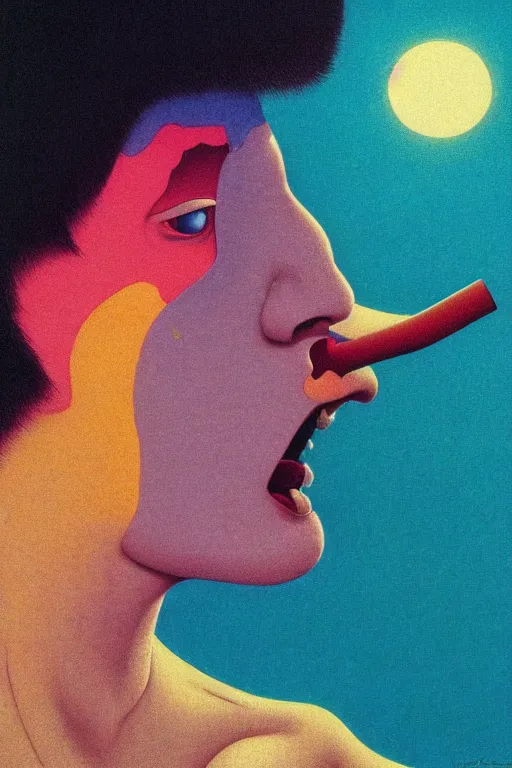 Prompt: a colorful vibrant closeup portrait of a simple angel licking a tab of LSD acid on his tongue and dreaming psychedelic hallucinations, by kawase hasui, moebius, Edward Hopper and James Gilleard, Zdzislaw Beksinski, Steven Outram colorful flat surreal design, hd, 8k, artstation