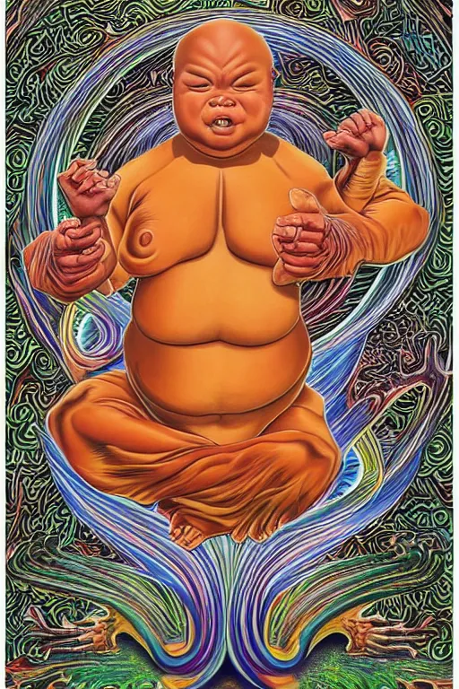 Image similar to obese tabby cat shaolin monk by alex grey, full body, extremely detailed