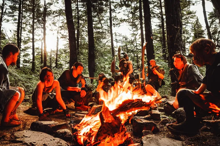 Prompt: sigma 8 5 mm, photo, neanderthal people eating sushi, surrounded by dinosaurs!, gigantic forest trees, sitting on rocks, bonfire, close up camera on bonfire level