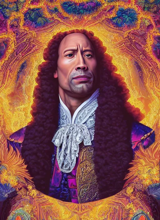 Image similar to beautiful oil painting, portrait of Dwayne the rock Johnson as Louis xiv in coronation robes 1701, Dan Mumford, Dan Mumford, Alex grey, Alex grey, lsd visuals, dmt fractal patterns, entheogen, psychedelic, hallucinogen, highly detailed, ornate, vaporwave