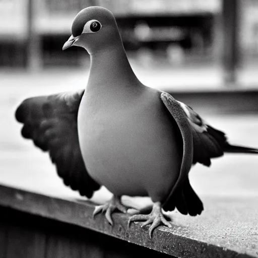 Prompt: a pigeon wearing a costume, photography BW