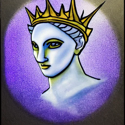 Prompt: Artemixel, the modern reincarnation of the old selenium god of hunt and moon, also known as Artemis the Selene, carrying the Crown of the Crescent Moon, wich has a bright and slightly bluish crescent like the brightness of the night. Portrait by Nicola Samuri