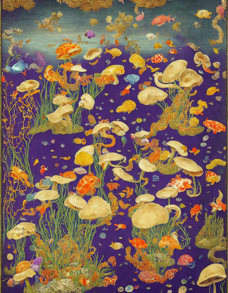 Image similar to vase of mushroom in the sky and under the sea decorated with a dense field of stylized scrolls that have opaque purple outlines, with colorful shells and koi fishes, ambrosius benson, oil on canvas, hyperrealism, light color, no hard shadow, around the edges there are no objects