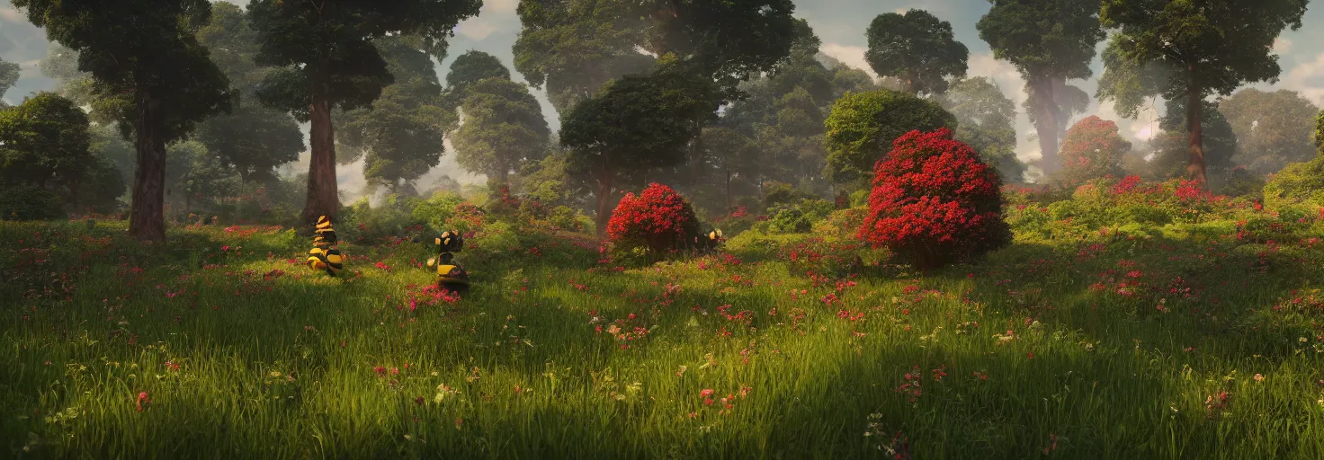 Prompt: large central crimson - black beehive in a beautiful forest meadow village landscape, flowers, happy trees, photorealistic, octane render, rtx, hdr, unreal engine, digital art widescreen 8 k, studio ghibli, bob ross, pixar, bee movie, disney