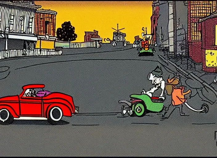 Prompt: hotrods driving down a street , vintage, highly detailed, by Hergé