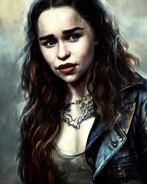 Prompt: beautiful oil on canvas portrait of beautiful Emilia Clarke with invitin expression in sons of anarchy tv show, wearing samcrow leather jacket, D&D style , highly detailed, digital art, trending on artstation, smooth, sharp focus, illustration, art by artgem and ROBERT HYNES