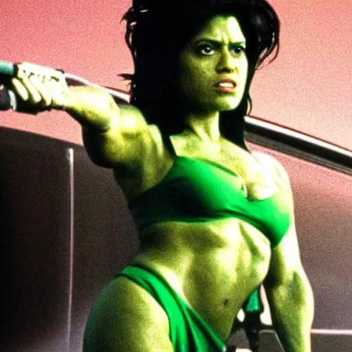 Prompt: promotional photo of she-hulk as a cop in the movie Heat (1995), movie still,