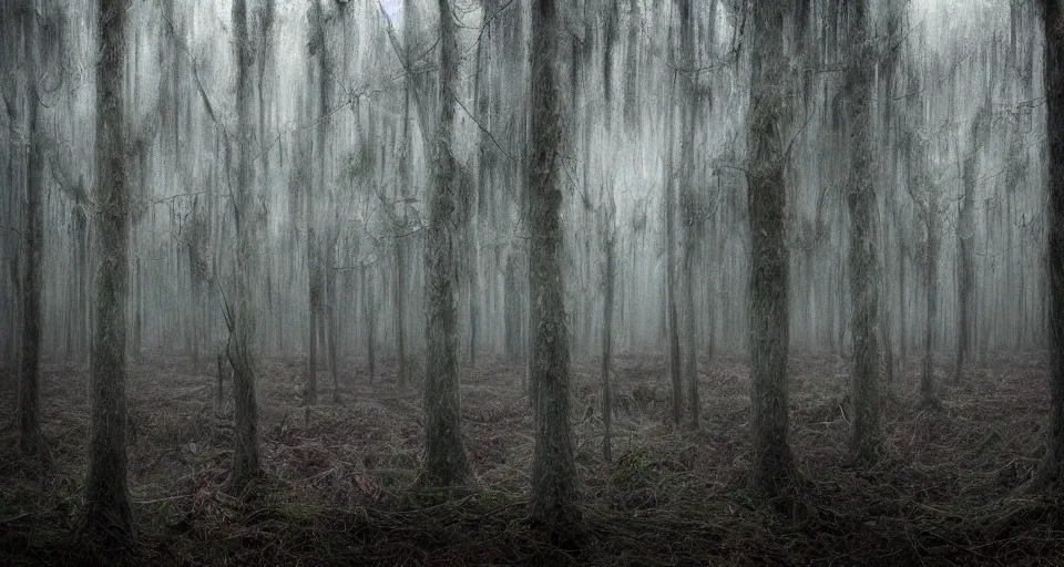 Image similar to A dense and dark enchanted forest with a swamp, by Alyssa Monks