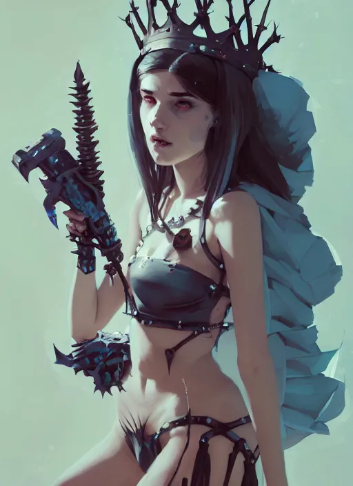 Image similar to portrait of cute maiden girl with crown of thorns in cyber bikini armor, warhammer, cyberpunk, by atey ghailan, by greg rutkowski, by greg tocchini, by james gilleard, by joe fenton, by kaethe butcher, dynamic lighting, gradient light blue, brown, blonde cream and white color in scheme, grunge aesthetic