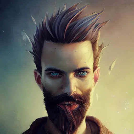 Image similar to highly detailed portrait from a gothic man with a mohawk and designer beard, stephen bliss, unreal engine, fantasy art by greg rutkowski, loish, rhads, ferdinand knab, makoto shinkai and lois van baarle, ilya kuvshinov, rossdraws, tom bagshaw, global illumination, radiant light, detailed and intricate environment