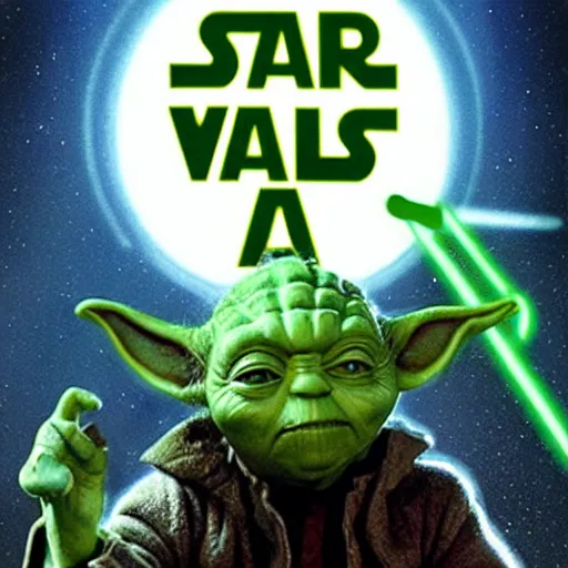 Image similar to poster for Star Wars but every character is Yoda