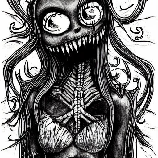 Image similar to grunge drawing of a cartoon monster by mrrevenge, corpse bride style, horror themed, detailed, elegant, intricate