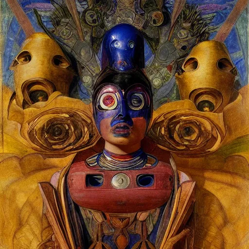 Image similar to the robot queen with her bird mask, by annie swynnerton and diego rivera and elihu vedder, symbolist, dramatic lighting, elaborate geometric ornament, art brut, soft cool colors, smooth, sharp focus, extremely detailed, adolf wolfli and donato giancola