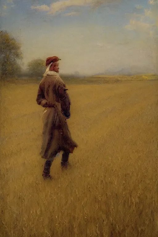 Prompt: Solomon Joseph Solomon and Richard Schmid and Jeremy Lipking victorian genre painting full length portrait painting of a young cottagecore walking in a wheat field, red background