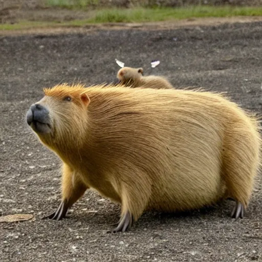 Image similar to capybara with angel wings flying in the sky